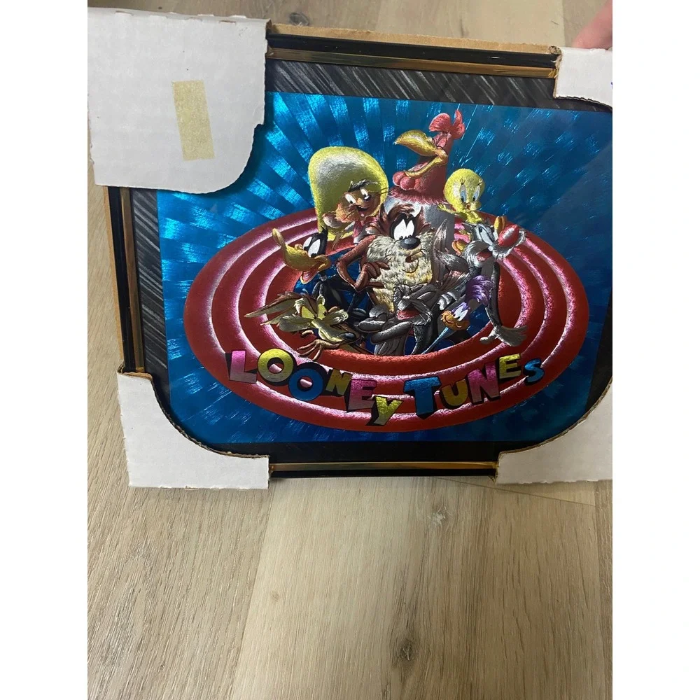 Vintage 90s Looney Tunes Framed Holographic Wall Art Warner Bros Characters